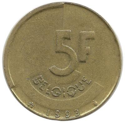 Монета 5 франков.  1993 год, Бельгия.  (Belgique).