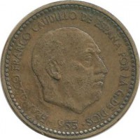 Монета 1 песета, 1953 год.  Испания.