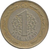 Монета 1 лира 2009 год. Турция. 