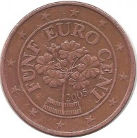 Монета 5 центов, 2005 год, Австрия.  