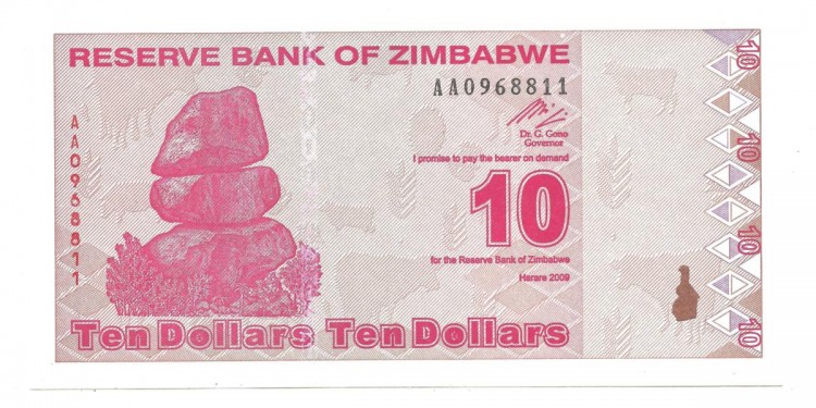 Зимбабве. Банкнота 10 долларов. 2009 год. UNC.  