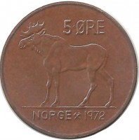 Лось. Монета 5 эре. 1972 год, Норвегия.   