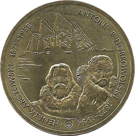 Исследователи Антарктики Генрих Арктовский и Антони Добровольский. Монета 2 злотых, 2007 год, Польша.