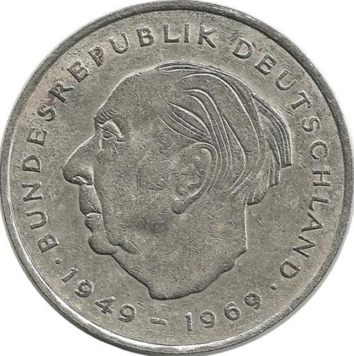 Теодор Хойс. 20 лет Федеративной Республике (1949-1969). Монета 2 марки. 1971 год, Монетный двор - Гамбург (J). ФРГ.