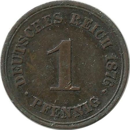 Монета 1 пфенниг 1876 год (А), Германская империя.