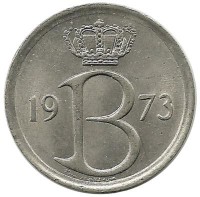 Монета 25 сантимов. 1973 год, Бельгия. (Belgique).