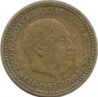 Монета 1 песета, 1953 год. (1960г.)  Испания.