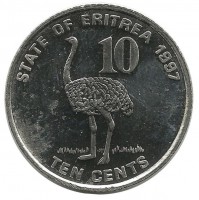 Страус. Монета 10 центов. 1997 год, Эритрея. UNC.