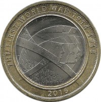 Монета 2 фунта. 2016 год, Первая Мировая война. Армия Великобритании. UNC.