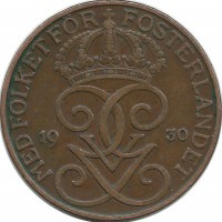 Монета 5 эре.1930 год, Швеция.