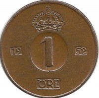 Монета 1 эре.1952 год, Швеция. (TS).