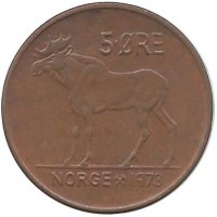 Лось. Монета 5 эре. 1973 год, Норвегия.   