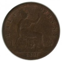 Монета 1/2 пенни. 1891 год, Великобритания.