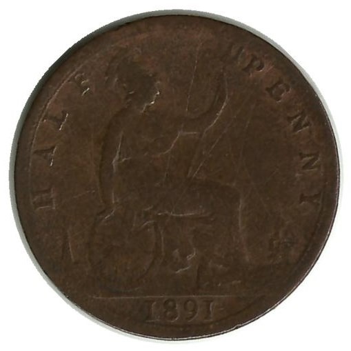Монета 1/2 пенни. 1891 год, Великобритания.