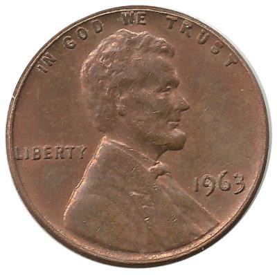 Линкольн. 1 цент 1963г. Филадельфия , CША.