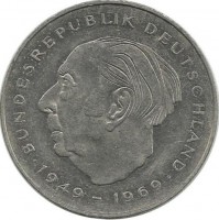 Теодор Хойс. 20 лет Федеративной Республике (1949-1969). Монета 2 марки. 1987 год, Монетный двор - Гамбург (J). ФРГ.