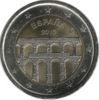 Сеговия, старинный город с римским акведуком.  Монета 2 евро, 2016 год, Испания. UNC