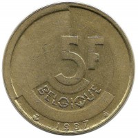 Монета 5 франков.  1987 год, Бельгия.  (Belgique).
