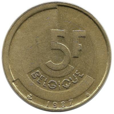 Монета 5 франков.  1987 год, Бельгия.  (Belgique).