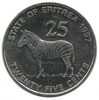 Зебра. Монета 25 центов. 1997 год, Эритрея. UNC.
