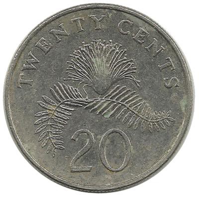 Монета 20 центов. 1997 год, Каллиандра. Сингапур.