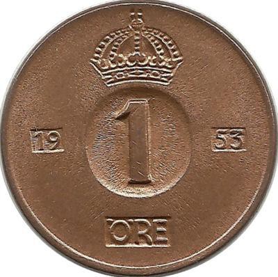 Монета 1 эре.1953 год, Швеция. (TS).