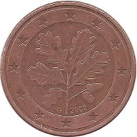 Монета 5 центов. 2002 год (G), Германия. 