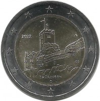 Федеральная земля Тюрингия, замок Вартбург. Монета 2 евро, 2022 год, (А) . Германия. UNC.