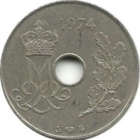 Монета 25 эре. 1974 год, Дания. S;B