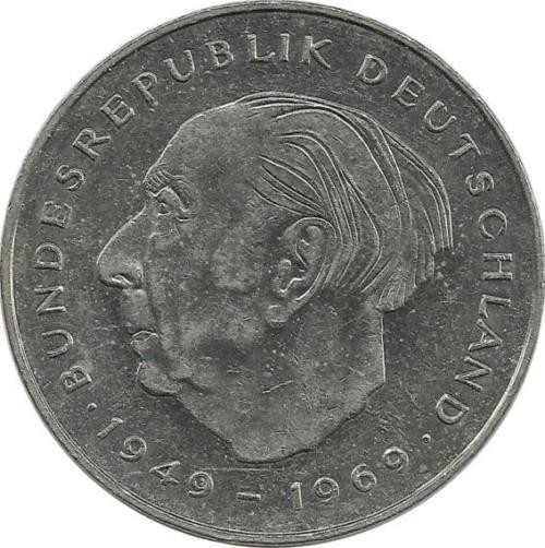 Теодор Хойс. 20 лет Федеративной Республике (1949-1969). Монета 2 марки. 1987 год, Монетный двор - Карлсруэ (G). ФРГ.