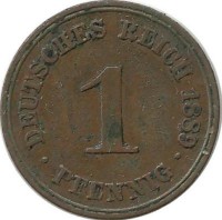 Монета 1 пфенниг 1889 год (А), Германская империя.