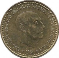 Монета 1 песета, 1966 год. (1975г.) Испания.
