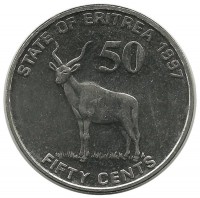 Винторогая антилопа. Монета 50 центов. 1997 год, Эритрея. UNC.