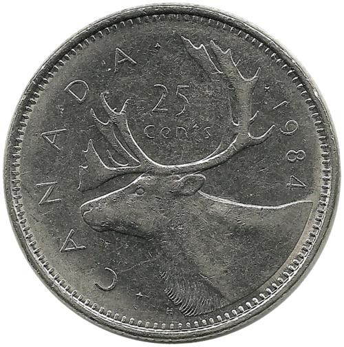 Монета 25 центов (квотер), 1984 год, Канада. 