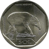 Горный тапир. Фауна Перу. Монета 1 соль. 2018 год, Перу.UNC.