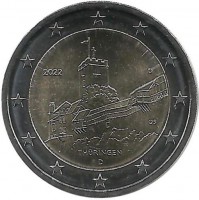 Федеральная земля Тюрингия, замок Вартбург. Монета 2 евро, 2022 год, (D) . Германия. UNC.