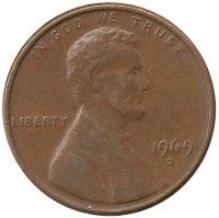 Линкольн. 1 цент 1969г. (D) (Денвер) , CША.