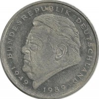 Франц Йозеф Штраус. 40 лет Федеративной Республике (1949-1989). Монета 2 марки. 1995 год, Монетный двор - Берлин (A). ФРГ.