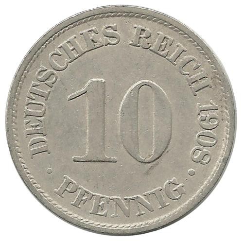 Монета 10 пфеннигов.  1908 год, (А) Германская империя.