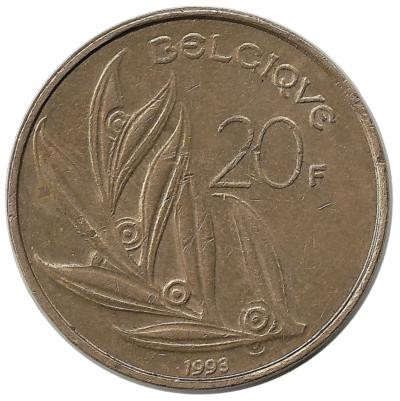 Монета 20 франков.  1993 год, Бельгия.  (Belgique).