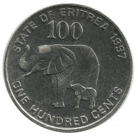 Слоны. Монета 100 центов. 1997 год, Эритрея. UNC.