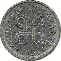 Монета 5 марок.1955 год, Финляндия. 