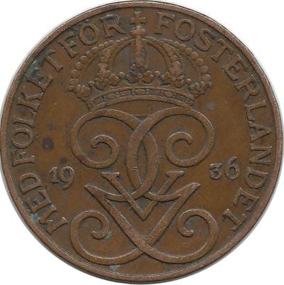 Монета 5 эре.1936 год, Швеция. (длинный хвостик у "6").