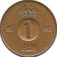 Монета 1 эре.1955 год, Швеция. (TS).