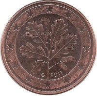 Монета 5 центов. 2011 год (G), Германия.  