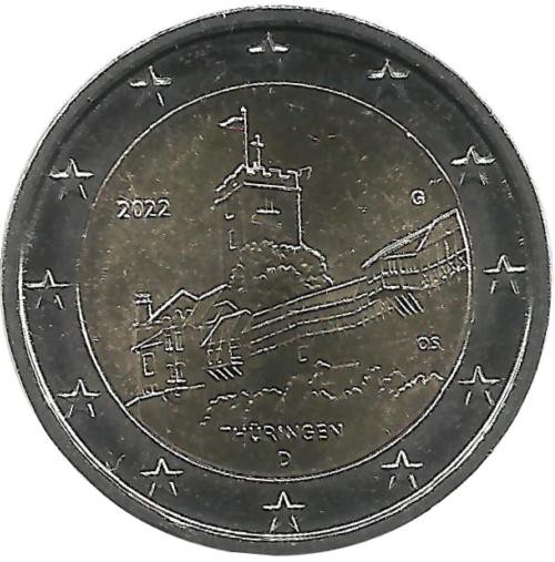 Федеральная земля Тюрингия, замок Вартбург. Монета 2 евро, 2022 год, (G) . Германия. UNC. 