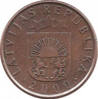 Монета 2 сантима. 2000 год, Латвия.