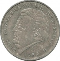 Франц Йозеф Штраус. 40 лет Федеративной Республике (1949-1989). Монета 2 марки. 1990 год, Монетный двор - Гамбург (J). ФРГ.