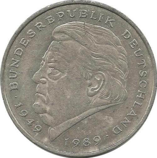 Франц Йозеф Штраус. 40 лет Федеративной Республике (1949-1989). Монета 2 марки. 1990 год, Монетный двор - Гамбург (J). ФРГ.