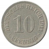 Монета 10 пфеннигов.  1911 год, (А) Германская империя.